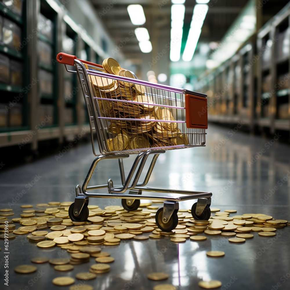 A supermarket trolley with gold coins spilling out portraying the cost of living crisis and inflation