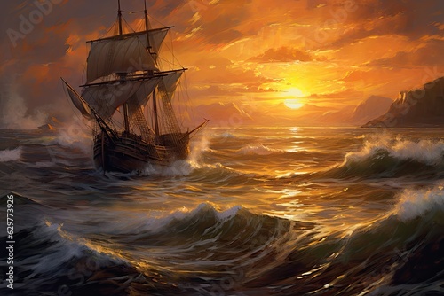 A stunning sunset painting featuring a majestic ship sailing gracefully on the open ocean