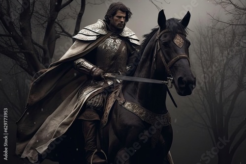 A knight on horseback galloping through a lush woodland