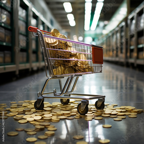 Obraz na płótnie A supermarket trolley with gold coins spilling out portraying the cost of living crisis and inflation w salonie