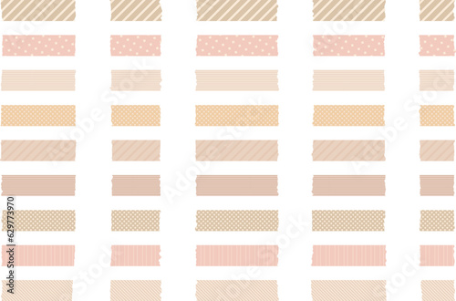 Illustration set of masking tape that looks like it was torn by hand / dull color / stripe / dot / pattern / colorful