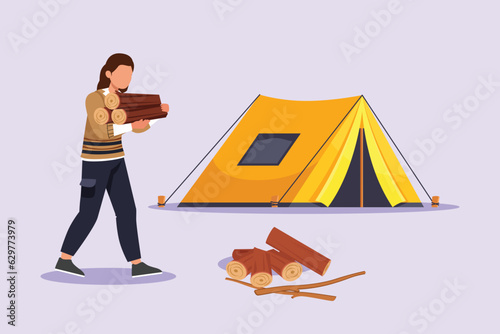Traveler or explorer on mountain or valley concept. Colored flat vector illustration isolated. 