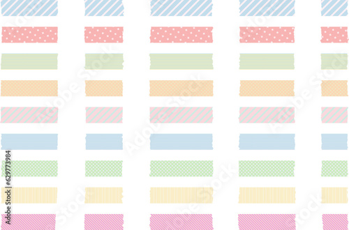Illustration set of masking tape that looks like it was torn by hand / dull color / stripe / dot / pattern / colorful