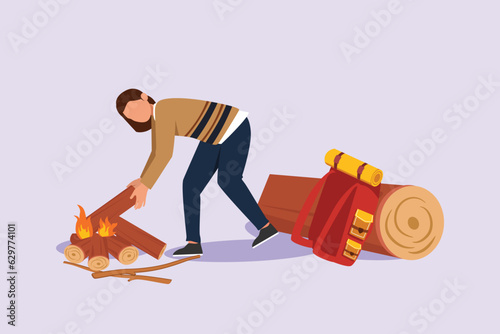 Traveler or explorer on mountain or valley concept. Colored flat vector illustration isolated. 