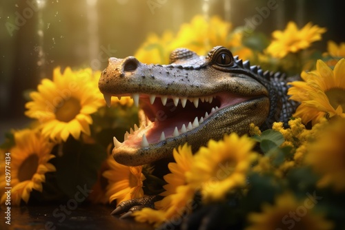 A stuffed alligator surrounded by vibrant sunflowers in a field