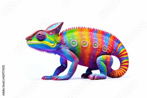 A rainbow-colored chameleon standing on its hind legs