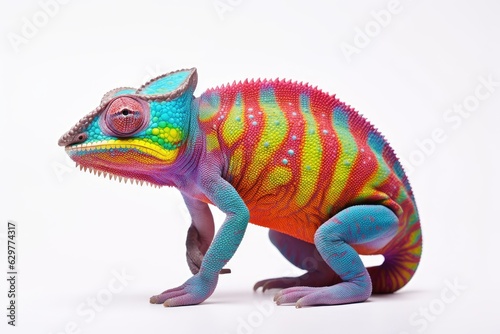 A vibrant chameleon perched on a clean, white background