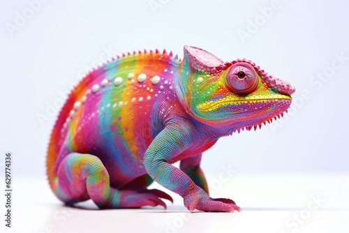 A vibrant rainbow-colored chameleon perched on a pristine white surface