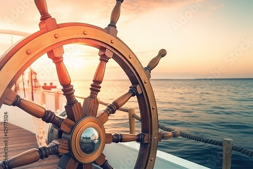 A wooden steering wheel on a boat in the ocean