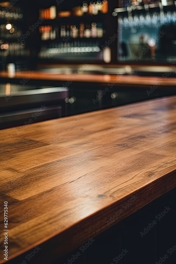 The wooden table top in a cafe with a blurred background appears empty. (Generative AI)