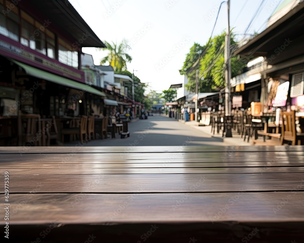 An exuberant image of an empty wooden table with a blurred background at an outdoor cafe on the street. (Generative AI)