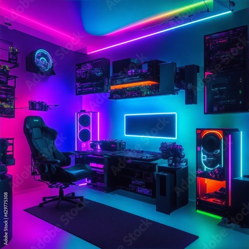 Immersive Gaming Haven: Exploring a Vibrant Gaming Room Adorned with a Towering PC, Booming Speakers, and an Enthralling Full LED RGB Setup