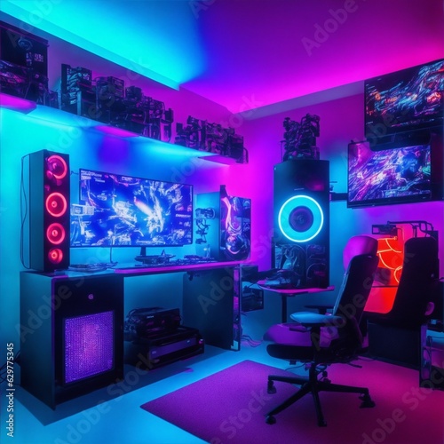 A vibrant gaming room with a massive PC booming speakers and a full LED RGB setup