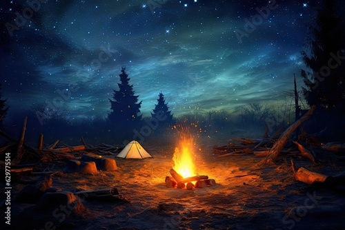 A cozy campfire with a tent in the background