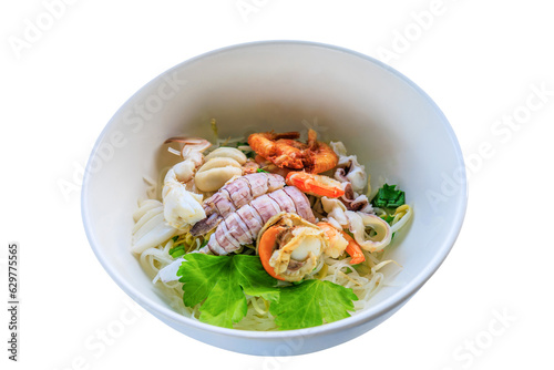 Spicy seafood noodles bowl in thai style.