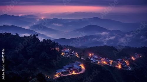 A picturesque mountain village illuminated under the night sky