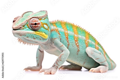 A close up of a chameleon on a white background