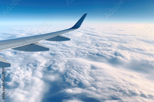 An airplane wing soaring above the majestic clouds