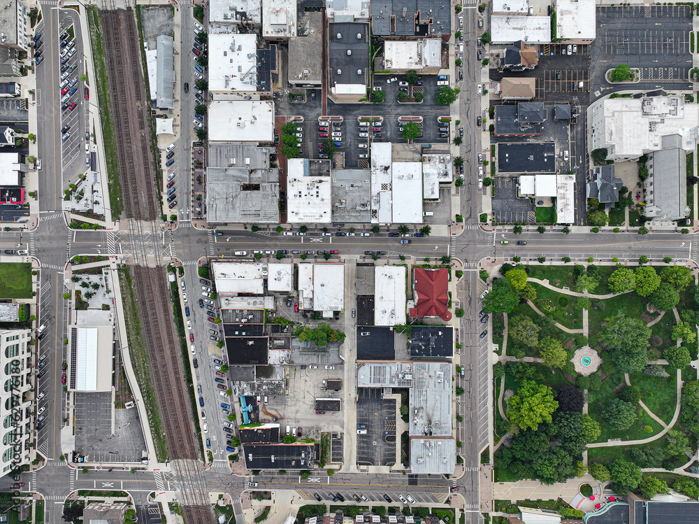Aerial view, looking down a Downtown Wheaton