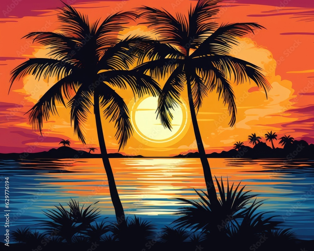 Sunset with two palm trees, blue sky, water. (Generative AI)