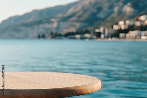 The table has a blurred summer mountain lake background. (Generative AI)