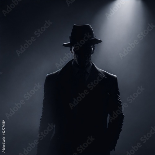 A shadowy mafia figure illuminated by a single spotlight