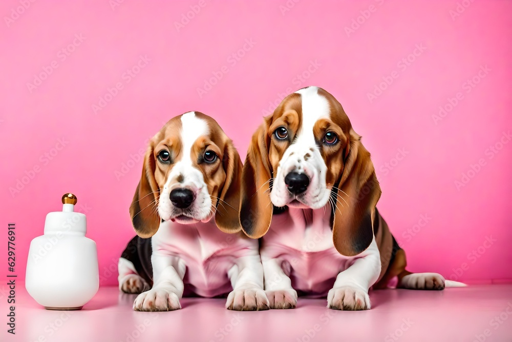 beagle puppy sitting on a bed with flowers and watching on camera on pink background generated by AI tool