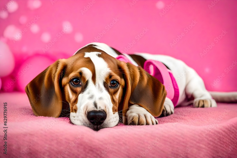 beagle puppy laying on a bed with flowers and watching on camera on pink background generated by AI tool