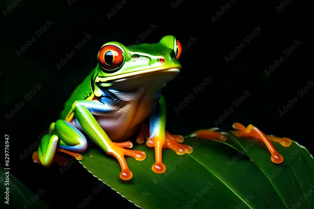 Obraz premium Striking red-eyed tree frog shows brilliant colors perched on a dark tropical leaf for editorial use.