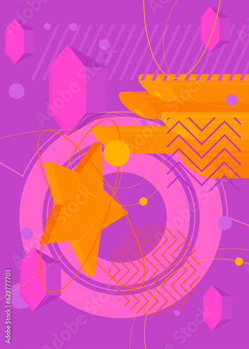 Orange and purple geometrical graphic retro theme background illustration. Vector minimal geometric elements poster design. Vintage shapes template for backdrop.