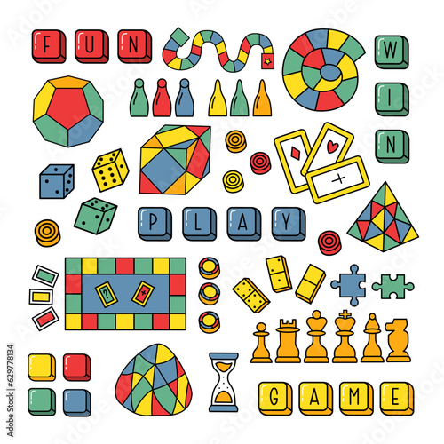 Hand Drawn Set of Board Game Elements. Colorful Vector Doodle Illustration of different Games for Kids, Friends and Family. Home Entertainment and Hobby Design Elements.