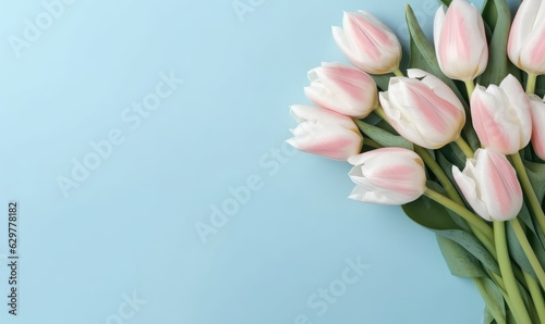 Wallpaper with pink tulips. Flower on blue background. For banner, postcard, book illustration, products display presentation. Created with generative AI tools