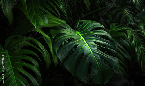 Monstera leaf wallpaper. Tropical foliage background. Natural textured. For postcard, book illustration. Created with generative AI tools