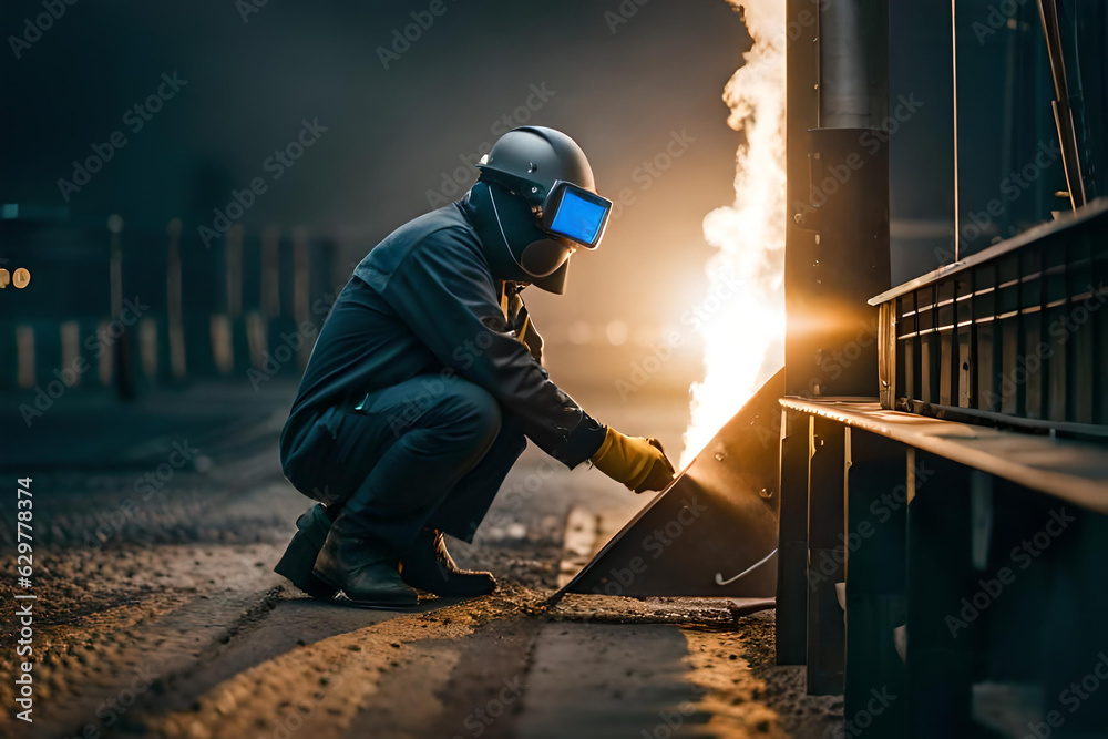 Male in face mask welds with argon arc welding. Male in face mask welds with argon arc welding.