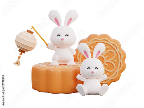 Happy mid autumn festival with cute rabbit and mooncake photo