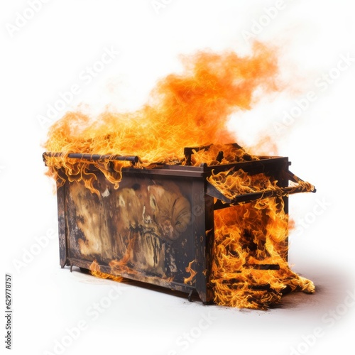Dumpster Fire, Large Waste Bin Containing a Blazing Inferno, Isolated on White Background
