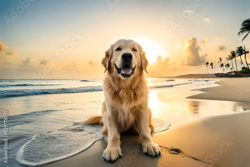 A delightful Golden Retriever dog on a summer vacation at a serene and isolated beach on the beautiful island of Hawaii, Generated With AI Technology