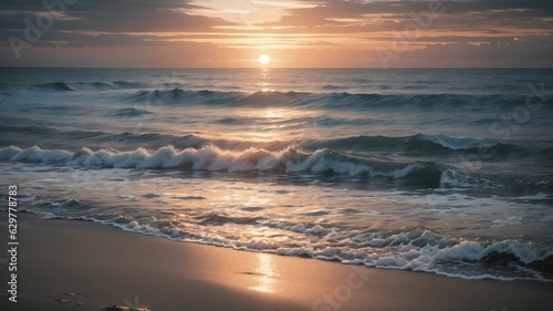 a sunset over the ocean with waves coming in to shore and the sun shining