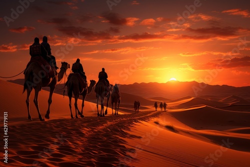 An inspiring image of a camel caravan silhouetted against the fiery hues of sunset  traversing the undulating dunes of the Sahara  a timeless journey.