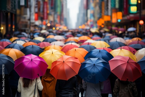 An energetic image of Tokyo's bustling street life, a sea of umbrellas painting the city's rain-soaked rush hour with colors, life, and energy.