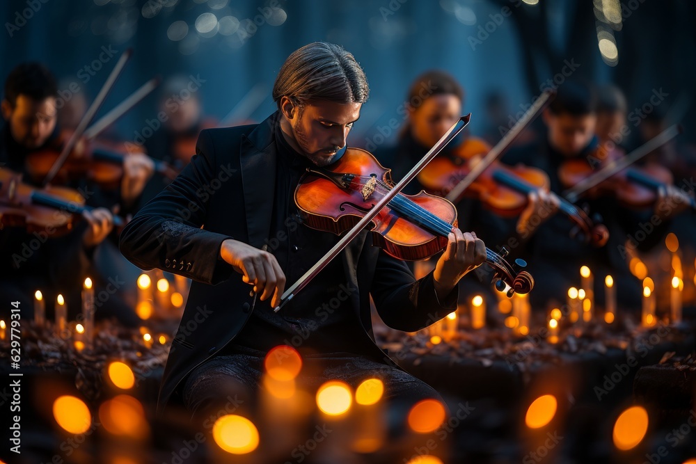 Fototapeta premium An orchestra plays in seamless harmony, crafting symphonies with tuned instruments, aligned rhythm, and enkindled emotions, creating a musical masterpiece together.