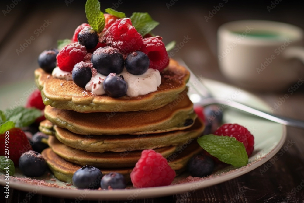 Berry pancakes with green smoothie