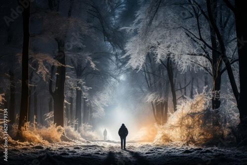 A captivating image of a lone man  standing still in the heart of a snow-covered forest  the branches heavy with white.