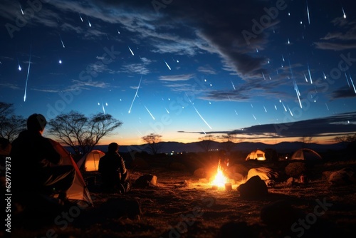 A cluster of stargazers  their telescopes aimed at the heavens  are enthralled by a meteor shower painting the night sky with cosmic wonder.