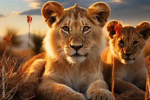A heart-stopping image of a pride of lions lounging in the soft, golden embrace of sunrise, a serene portrait of the wild African savannah.