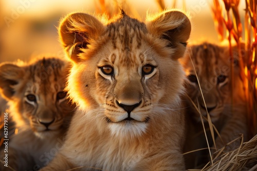 A heart-stopping image of a pride of lions lounging in the soft  golden embrace of sunrise  a serene portrait of the wild African savannah.