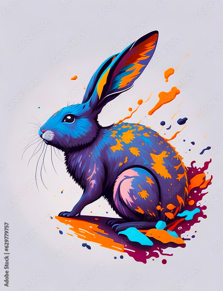 A detailed illustration of a rabbit with leaf, paint splash, and gravity background for a t-shirt design and fashion