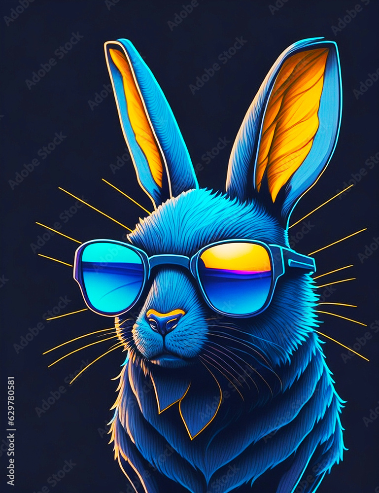 A detailed illustration of a rabbit wearing trendy sunglasses with leaf, paint splash, and gravity background for a t-shirt design and fashion
