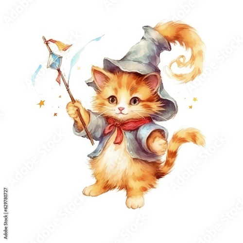 Watercolor illustration of a whimsical watercolor painting featuring a cat in a wizard costume