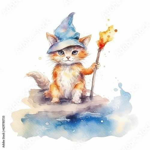 Watercolor illustration of a watercolor painting of a cat wearing a wizard hat © pham